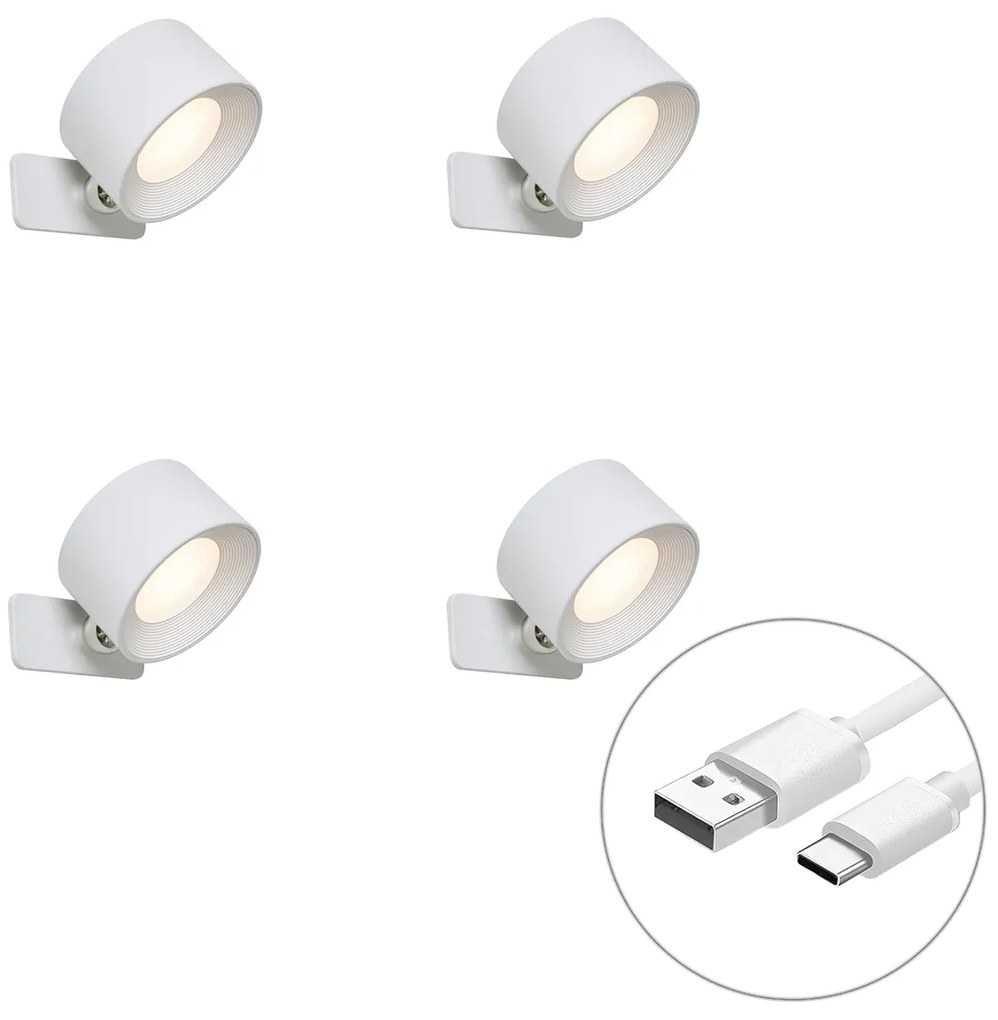 Conjunto de 4 luminárias de parede e teto modernas brancas com LED recarregável - Bright