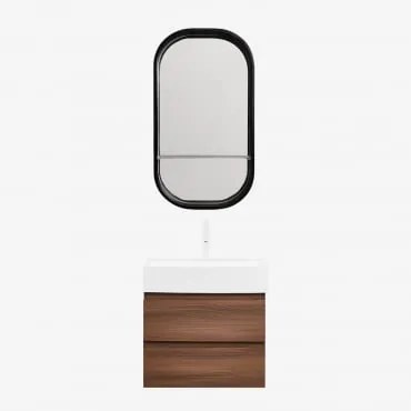 Conjunto De Móvel De Casa De Banho Em Madeira E Chapa De Freixo Com Lavatório Integrado Ona Madeira Escura & Oval Com Prateleira Preto - Sklum