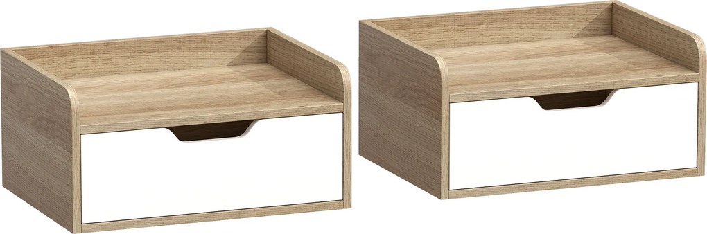 HOMCOM Conjunto de 2 mesas de cabeceira de parede, mesas de cabeceira com gaveta e tampo com rebordos elevados, 40x30x19,5cm, madeira natural | Aosom Portugal