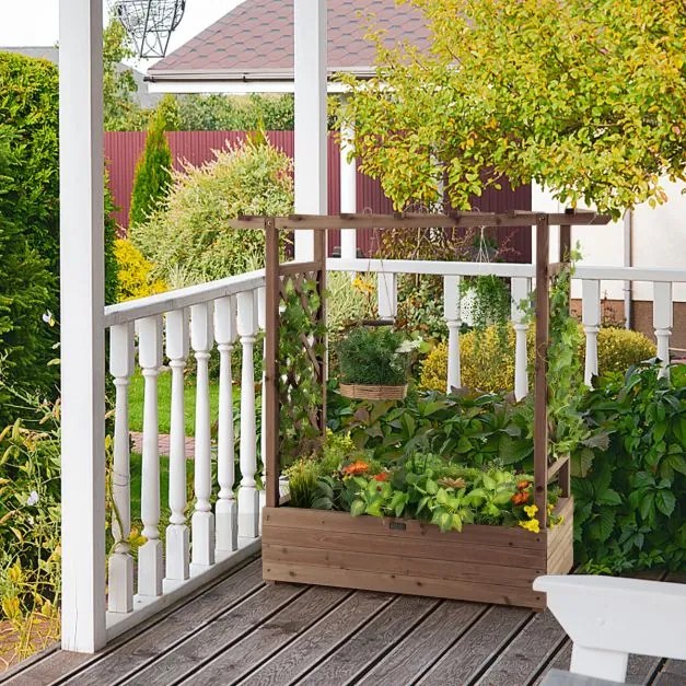 Floreira elevada com treliça para plantas em arco Furos de drenagem 100 x 44 x 113,5 cm castanha