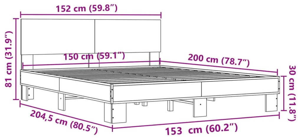 Estrutura de cama 150x200cm derivados madeira/metal