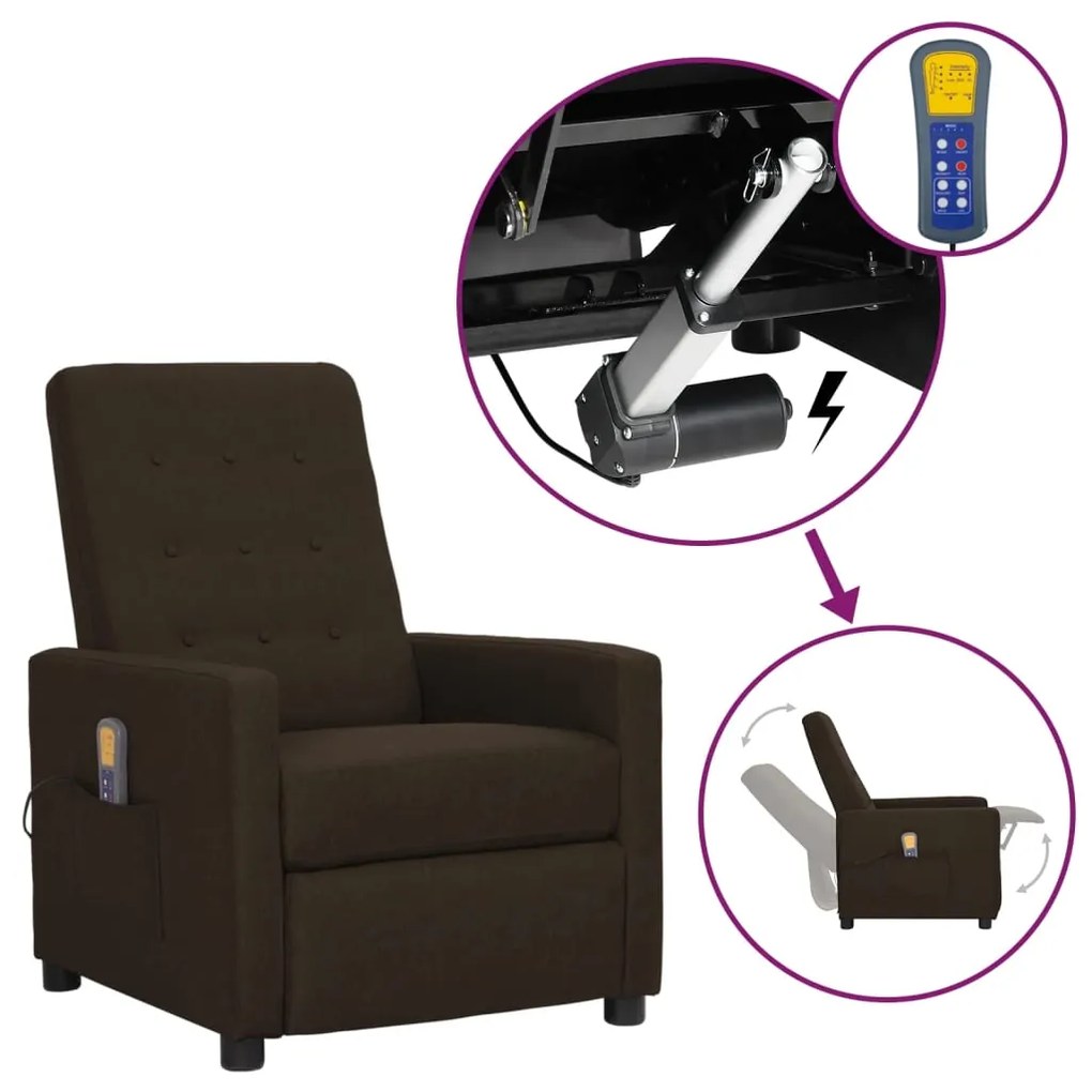 vidaXL Poltrona elevatória de massagens tecido castanho-escuro