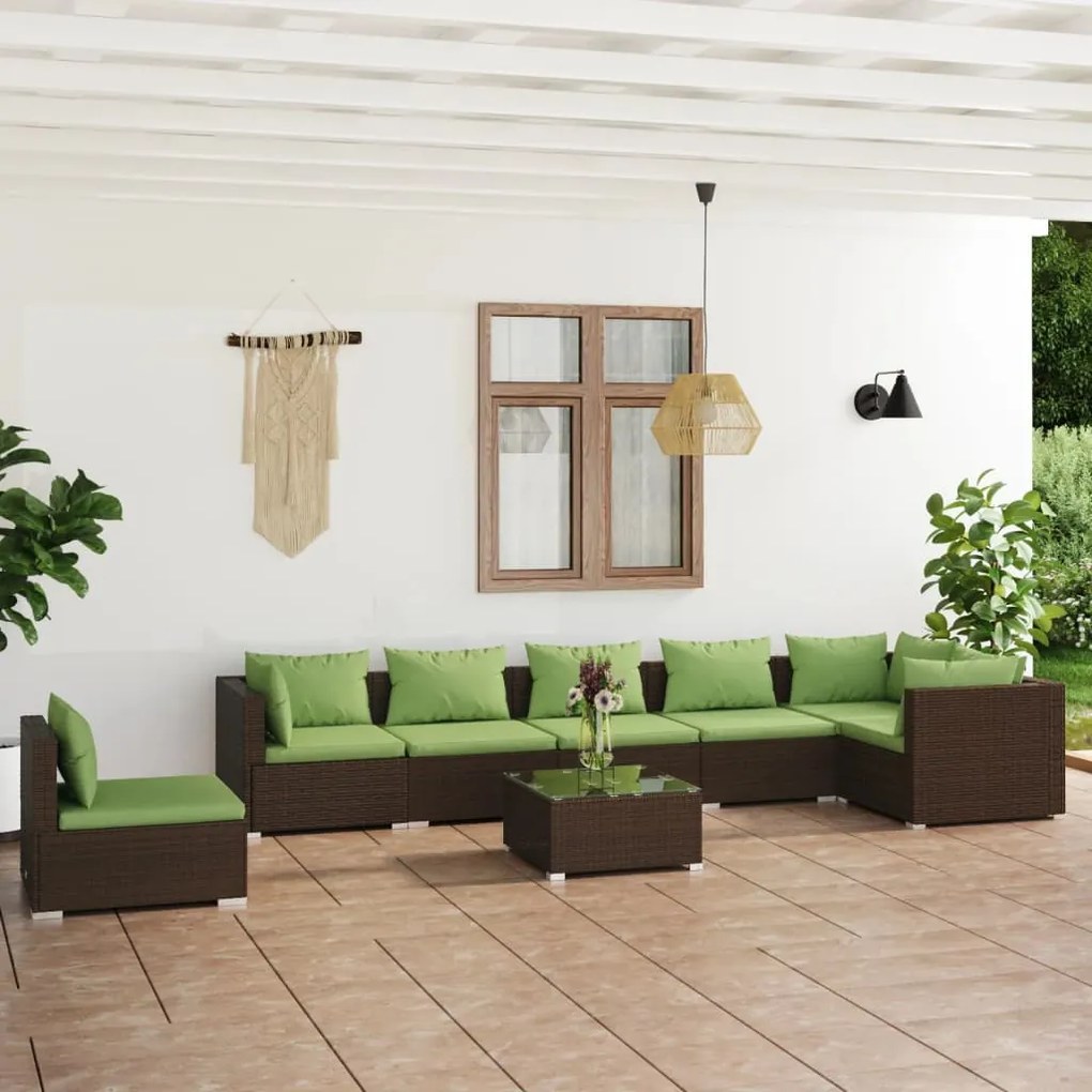 vidaXL 8 pcs conjunto lounge jardim c/ almofadões vime PE castanho