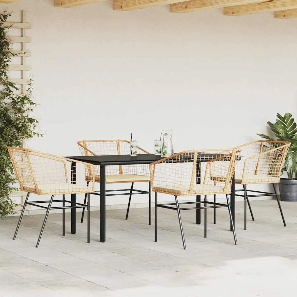 Conjunto jantar jardim 5 peças almofadas vidro vime PE castanho