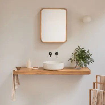 Conjunto De Móvel De Casa De Banho 130x45 Cm Suspenso Em Madeira De Teca Neill Madeira De Teca & Cerâmica Redonda Branca Ø40 Cm Lenka & Preto Mate Emb