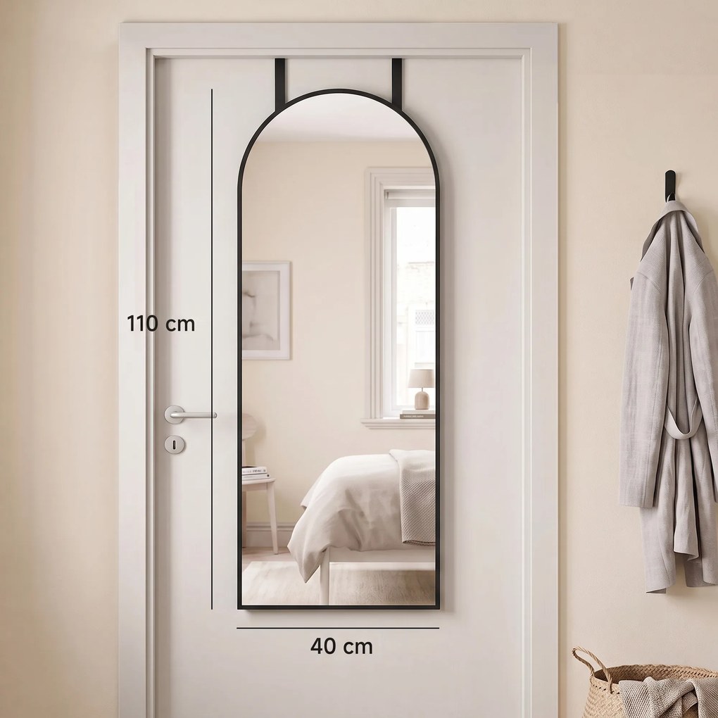 Espelho de Parede 40x110 cm com Design Arqueado e Ganchos Ajustáveis para Porta ou Parede Preto