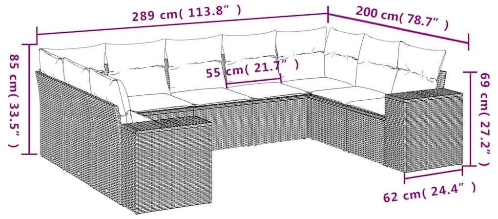 9 pcs conj. sofás jardim com almofadões vime PE cinzento-claro