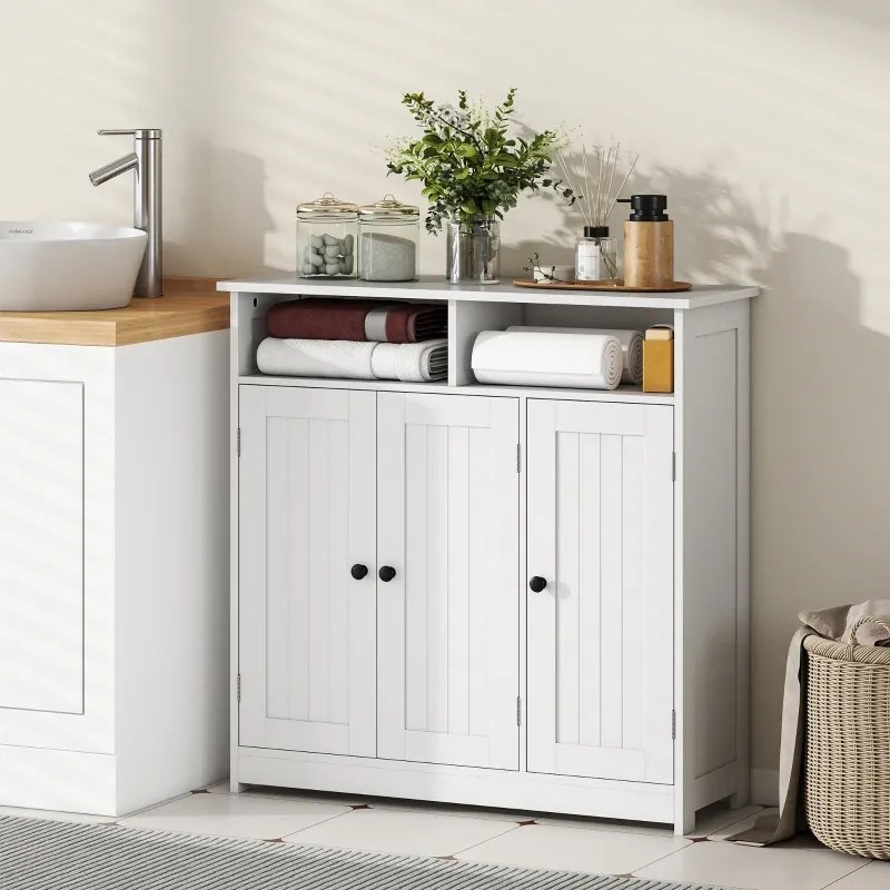 Armário de Casa de Banho Estreito com 3 Portas 2 Compartimentos Abertos Prateleira Ajustável 85x30x85 cm Branco