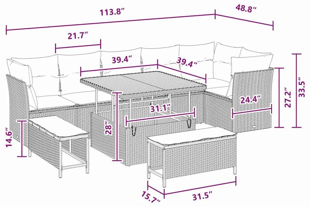 Conjunto de Sofá de Jardim com 9 Peças e Almofadas de Rattan Preto de
