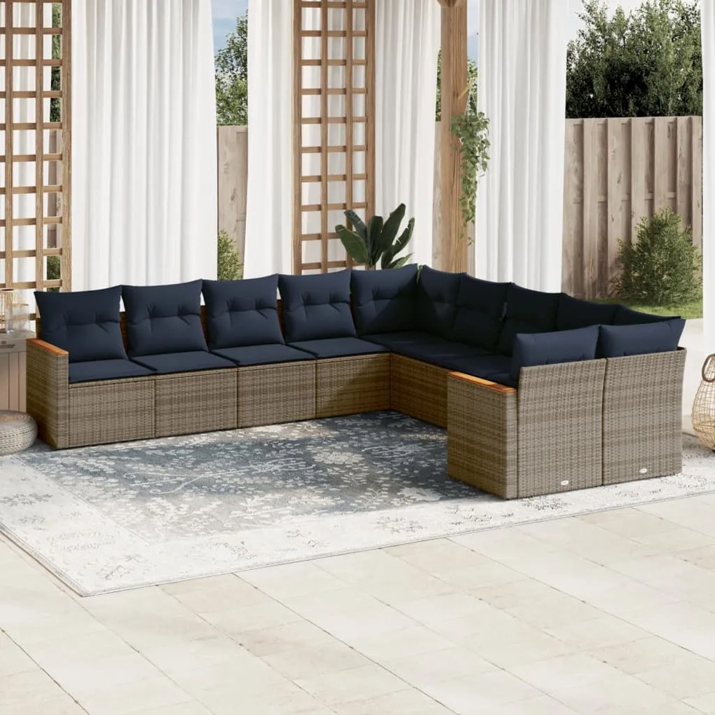 vidaXL 10 pcs conjunto sofás p/ jardim c/ almofadões vime PE cinzento
