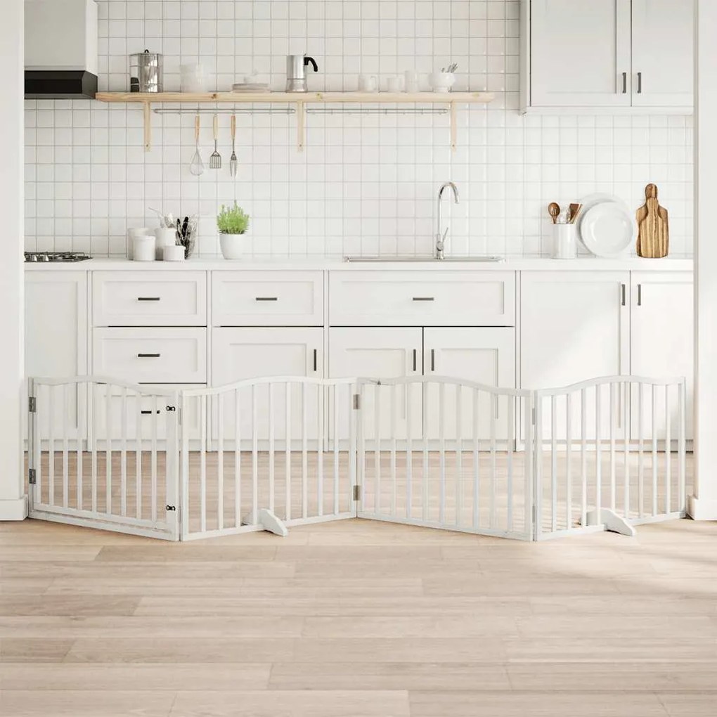 vidaXL Portão p/ cães com porta dobrável 4 painéis 320 cm álamo branco