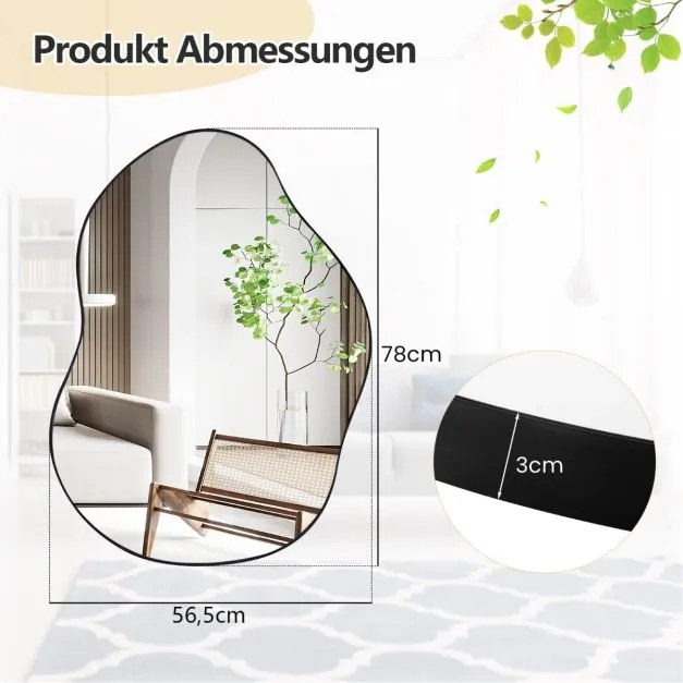 Espelho de parede assimétrico com suporte premium de forma irregular 78 x 56,5 cm Preto