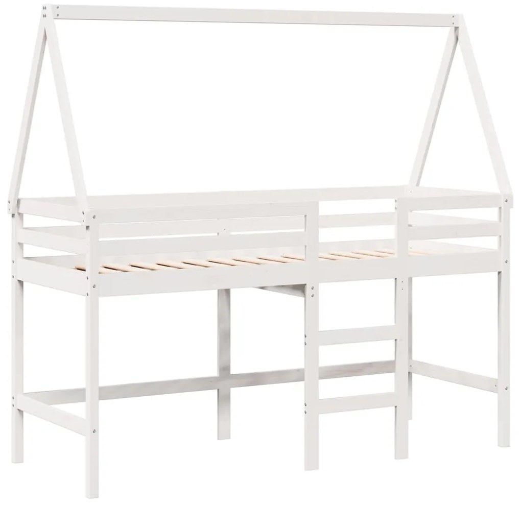Cama alta c/ escada e telhado 90x200 cm pinho maciço branco