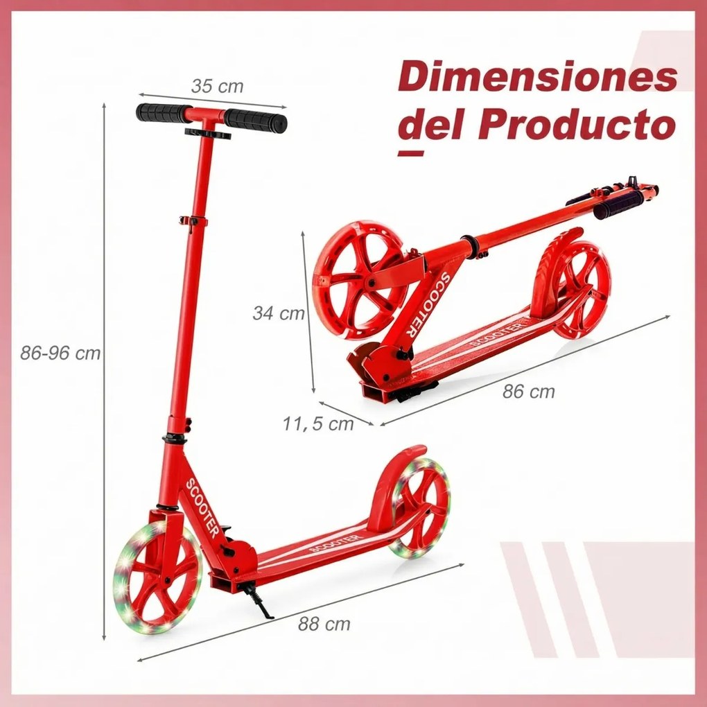 Trotinete para crianças com plataforma de alumínio, guiador ajustável em 3 posições e alça para crianças Vermelha