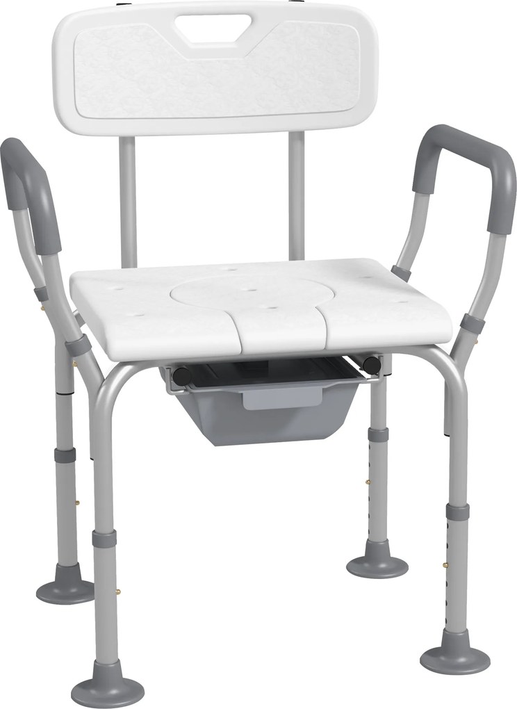 Cadeira de duche com orifício para sanita, balde, altura ajustável, pés antiderrapantes, carga máxima de 136 kg, em alumínio e HDPE branco