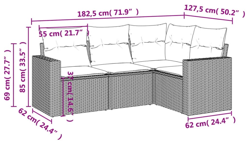 4 pcs conjunto de sofás para jardim c/ almofadões vime PE bege