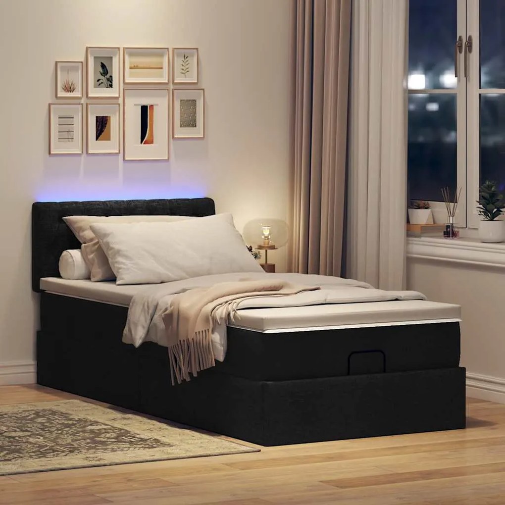 Cama otomana com colchão 90x200 cm tecido preto