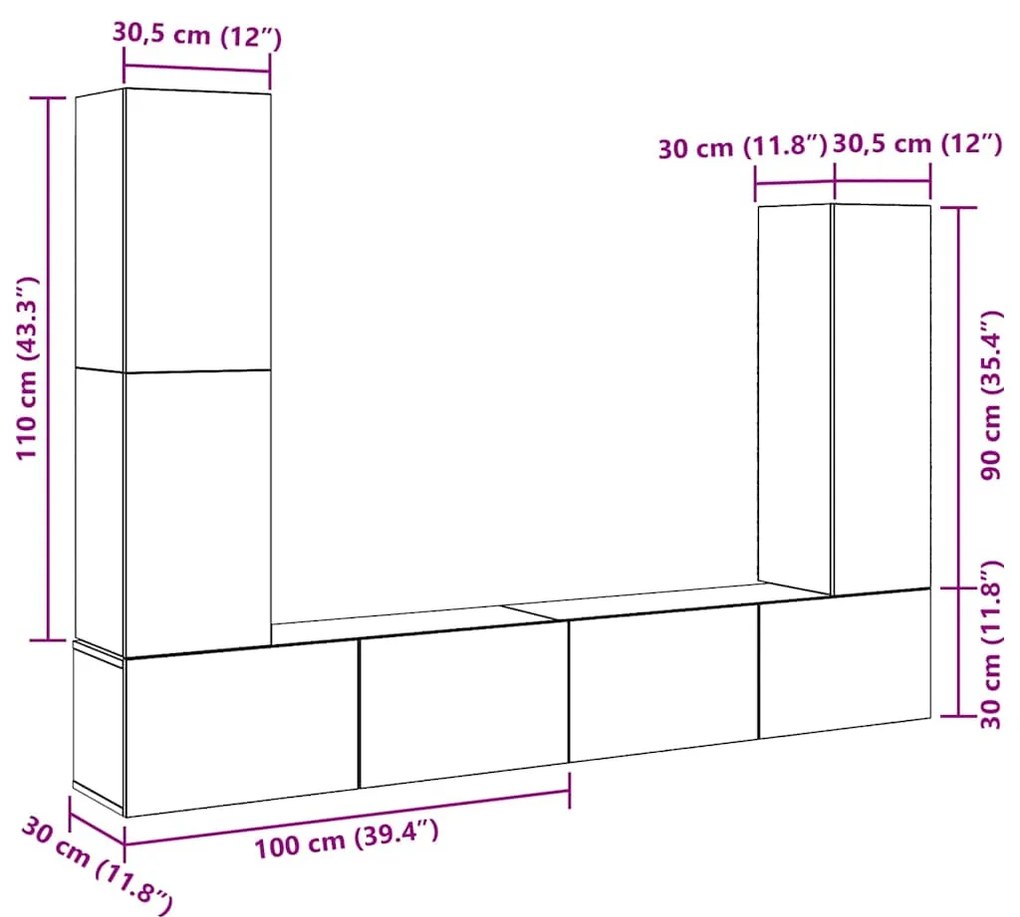 Conjunto de armário TV parede 4 pcs madeira carvalho artisiano