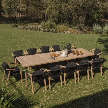Conjunto De Mesa Retangular Extensível 200-260-320x100 Cm E 12 Cadeiras De Jardim Com Apoios De Braços Em Madeira De Acácia Duba Tecido Cinza Grafito