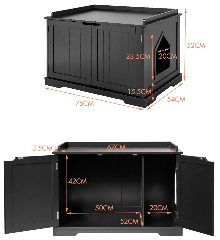 Caixa de Areia de Madeira para Gatos 75 x 54 x 52 cm com Buraco Preta