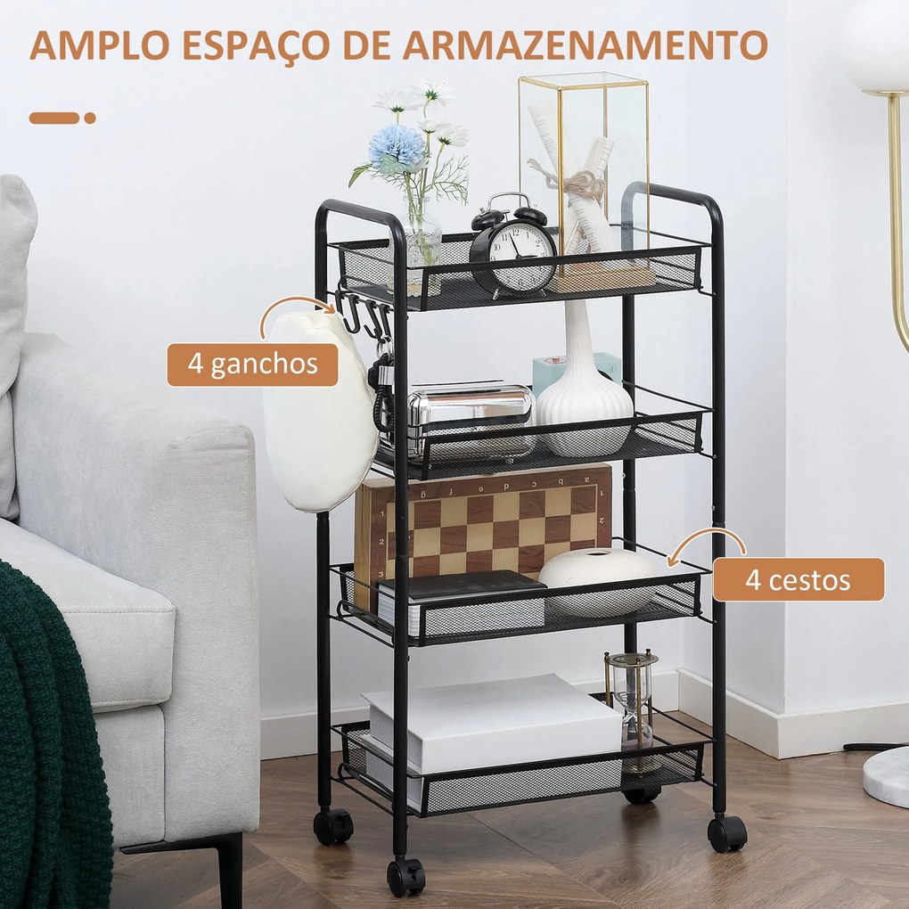 Carrinho Auxiliar "Skandi" – 4 Níveis – 45x26,5x84 cm – Preto