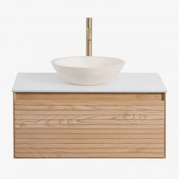 Conjunto De Móvel De Casa De Banho Em Madeira De Freixo Tedrik Castanho Fresno & Cimento Redondo Branco Ø40 Cm Zavion & Sem Espelho - Sklum
