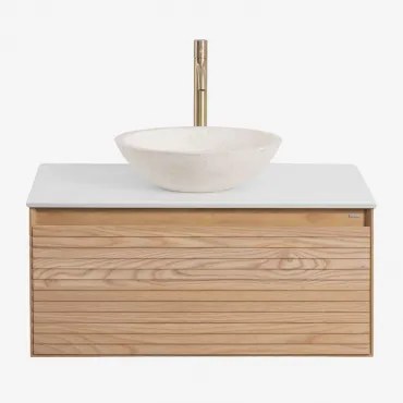 Conjunto De Móvel De Casa De Banho Suspenso 80x50 Cm Em Madeira De Freixo Tedrik Castanho Fresno & Cimento Redondo Branco Ø40 Cm Zavion & - Sklum