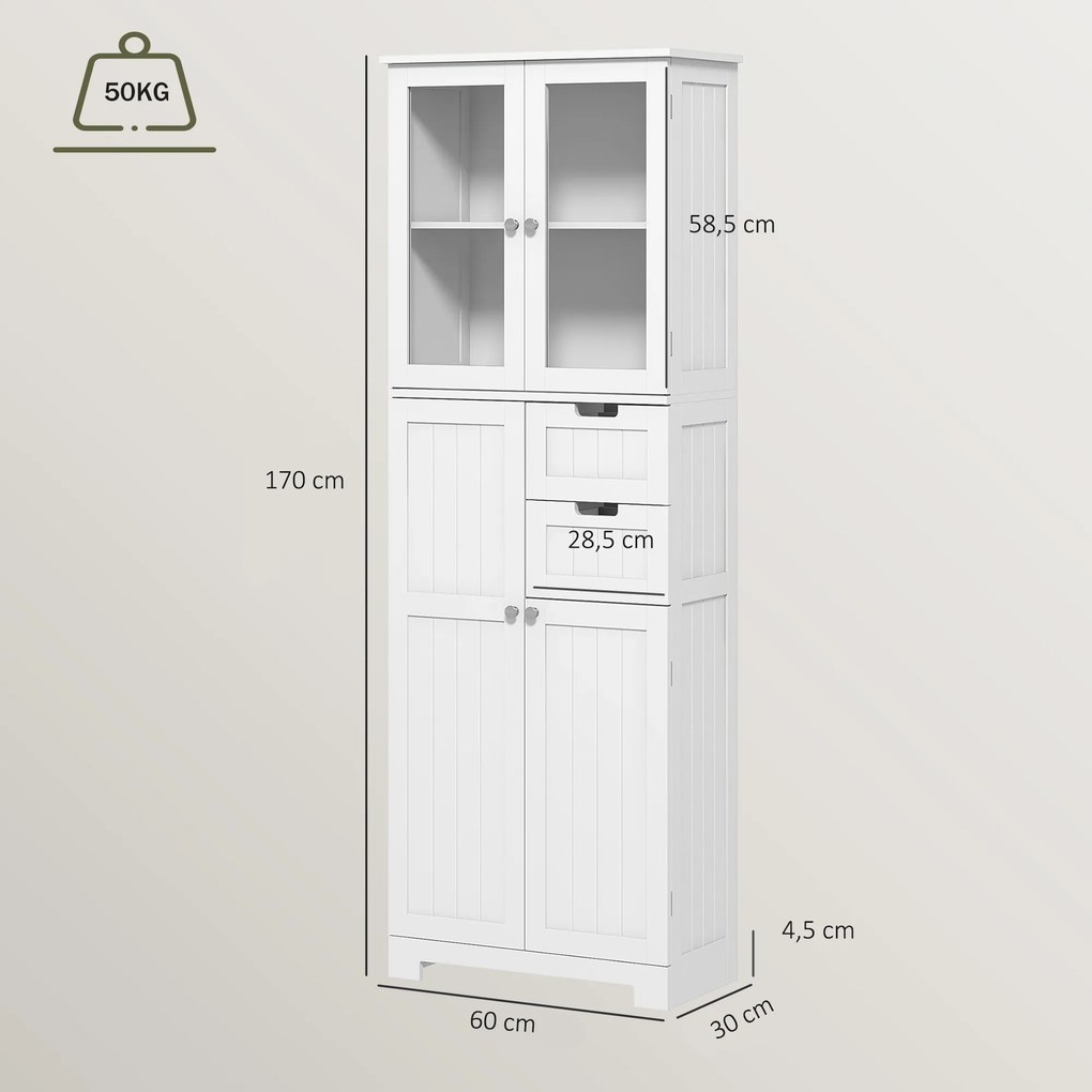 Armário de Casa de Banho Alto, 60 x 30 x 170 cm, 4 Portas e 2 Gavetas, Branco