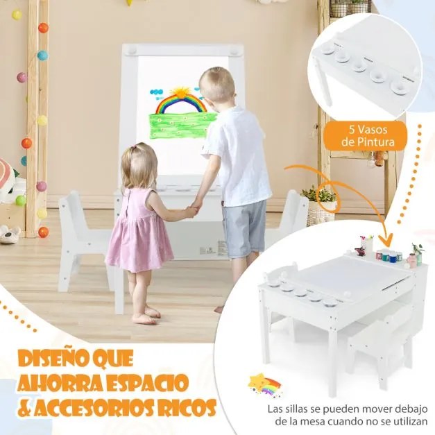 Conjunto de mesa elevatória e 2 cadeiras de arte para crianças Secretária de brincar 2 em 1 com rolos de papel Copos de tinta 6 recipientes Branco