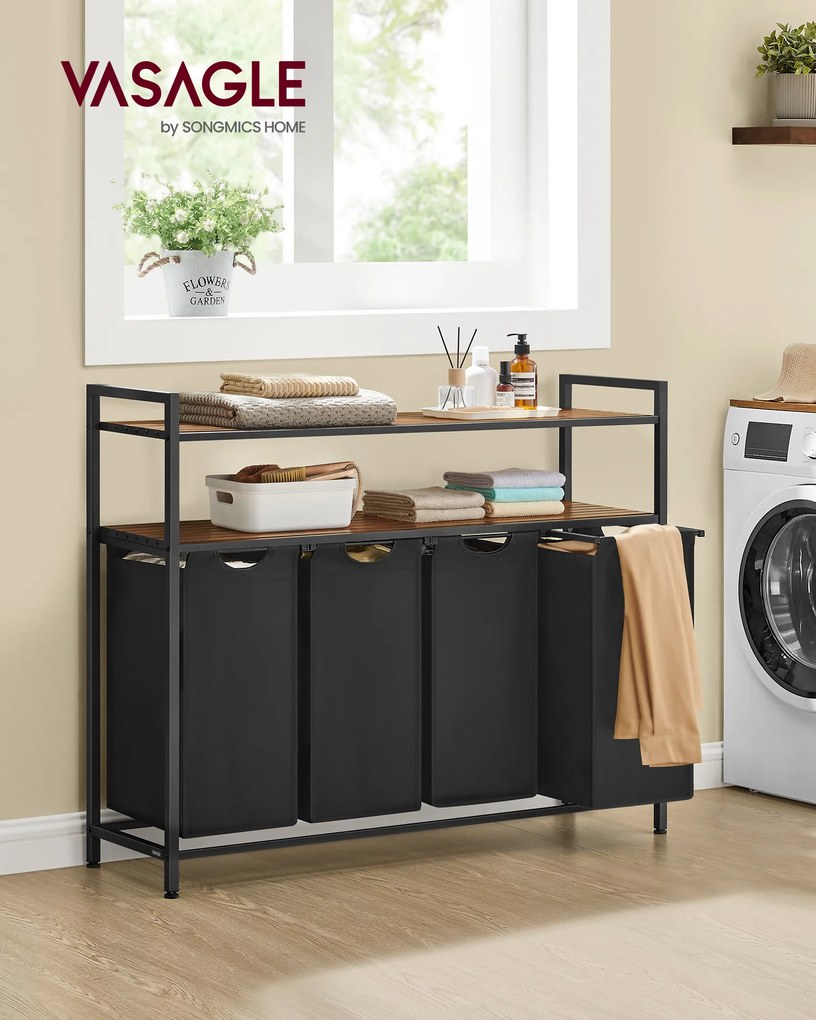 Cesto da roupa suja 115,6 x 33 x 92 cm com 4 compartimentos e 2 prateleiras, castanho vintage-preto