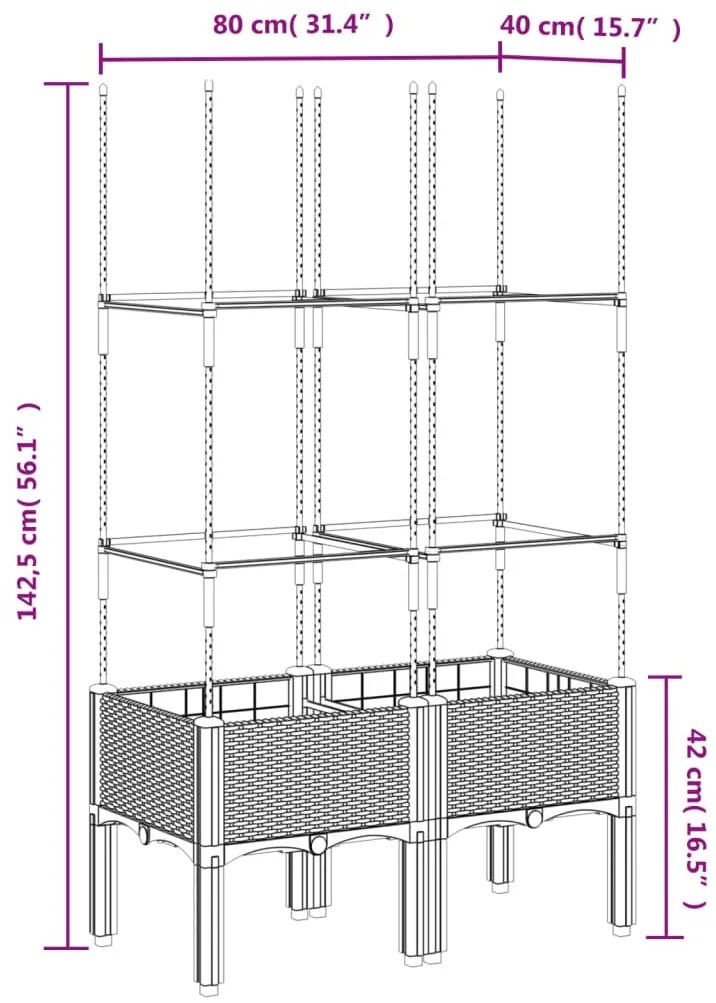 Vaso/floreira jardim c/ treliça 80x40x142,5cm PP cinzento-claro