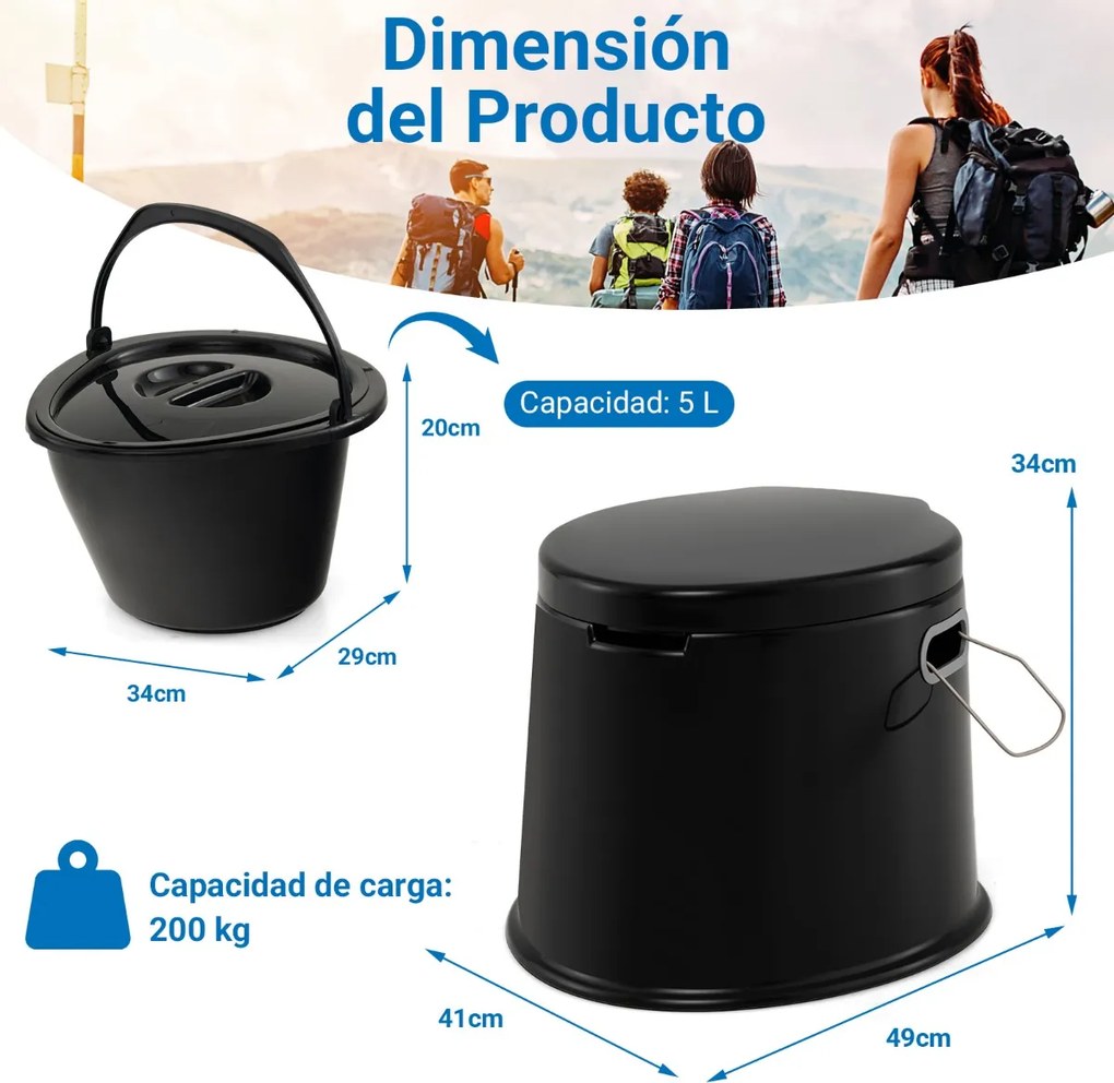 Sanita portátil 5 L para campimo 41 x 49 x 34 cm com tampa e cubo interno removível, WC portátil para viagens ao ar livre Preta