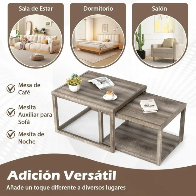 Conjunto de 2 mesas de centro encaixáveis, mesas auxiliares retangulares empilháveis com estante de armazenamento, estrutura em madeira cinzenta