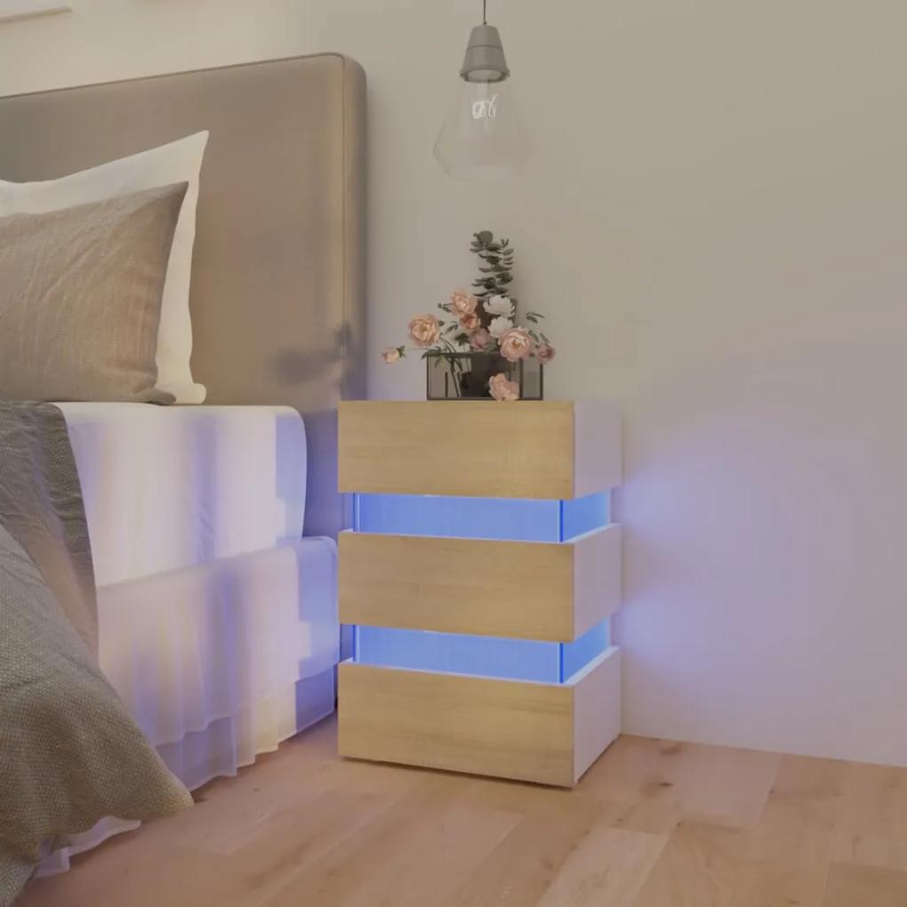 Mesa de cabeceira c/ LEDs derivados de madeira branco/sonoma