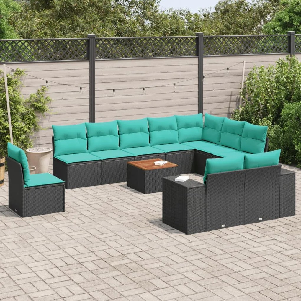vidaXL 11 pcs conjunto sofás de jardim c/ almofadões vime PE preto