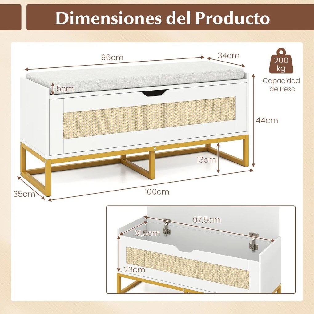 Banco com arrumação 100 x 35 x 44 cm com assento almofadado e dobradiças de segurança branco e dourado