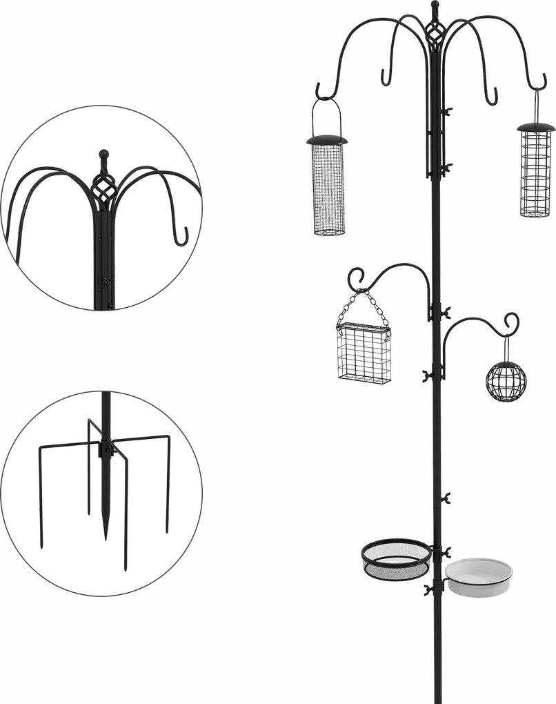 PawHut Estação de Alimentação para Pássaros com 6 Ganchos e 4 Comedouros Suspensos 58x58x226 cm Preta | Aosom Portugal