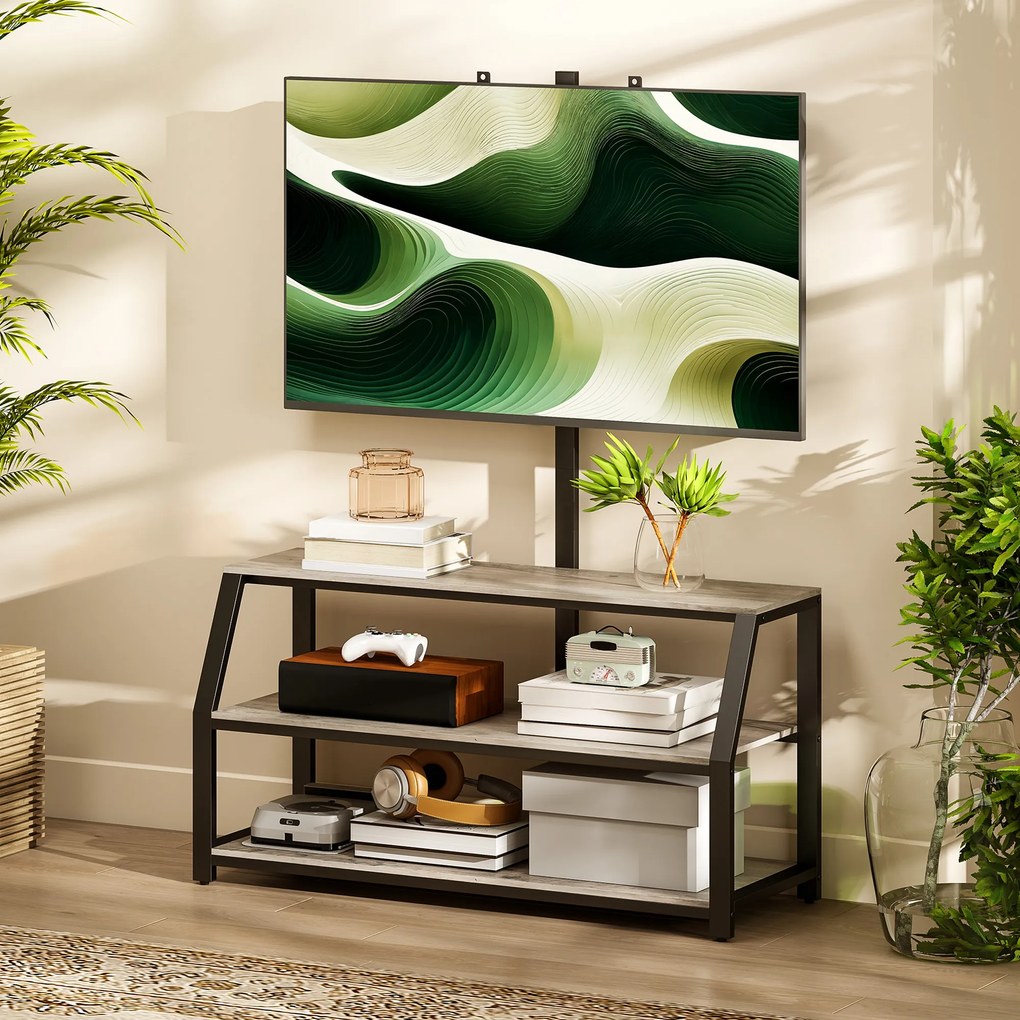 Móvel de televisão 110 x 43 x 150 cm, com suporte para televisores até 72 polegadas, com 2 prateleiras abertas, cinzento, preto