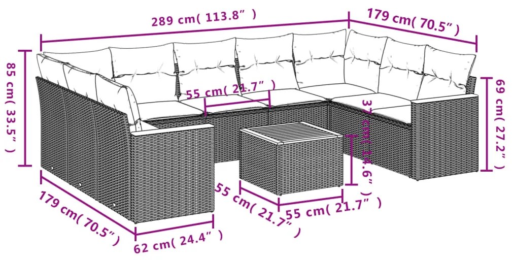 10 pcs conj. sofás jardim c/ almofadões vime PE bege misturado