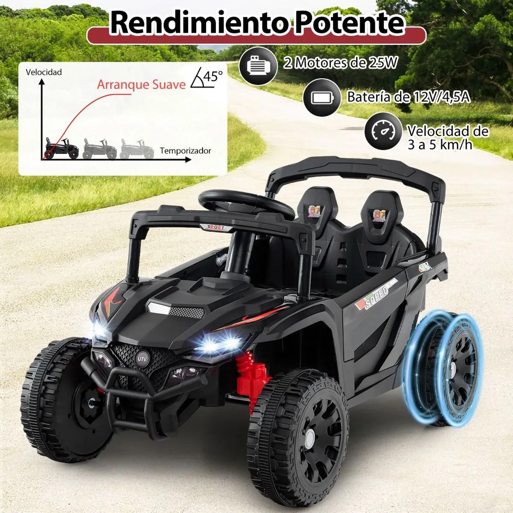 Carro elétrico infantil de 12 V, com comando à distância, 3 velocidades, luzes LED, música, buzina, veículo a bateria para crianças, Preto