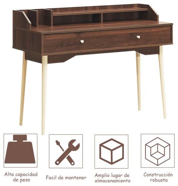 Secretária Mesa de computador com gaveta, pés de madeira de borracha e 2 compartimentos para escritório de estudo 120 x 50 x 93 cm Castanho