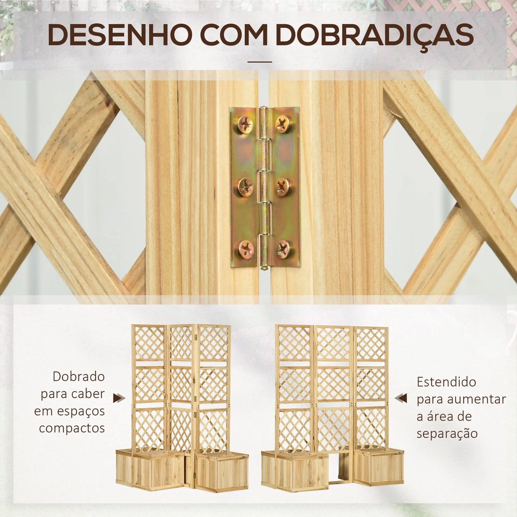 Outsunny Biombo Exterior com 3 Painéis de Madeira e 4 Floreiras Ecrã de Privacidade de Jardim com Floreira Orifícios de Drenagem Separador de Ambientes para Varanda Pátio 133x62x165cm Madeira