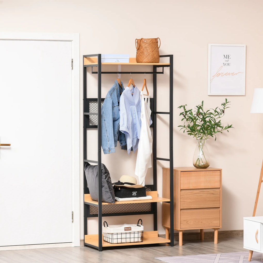 HOMCOM Cabide de entrada 2 em 1 com várias prateleiras e barra para pendurar para corredor Quarto sala de estar 80x40x190 cm Madeira natural preta