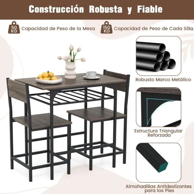 Conjunto de mesa de jantar com 2 cadeiras com prateleira aberta, estrutura metálica cinzento
