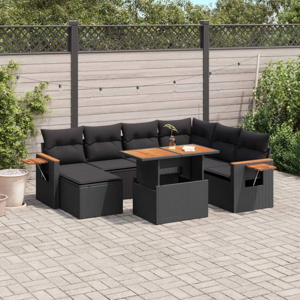 8 pcs conjunto sofás de jardim com almofadões vime PE preto