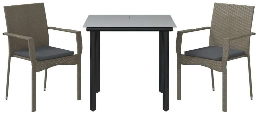3 pcs conj. jantar p/ jardim c/ almofadões vime PE preto/cinza