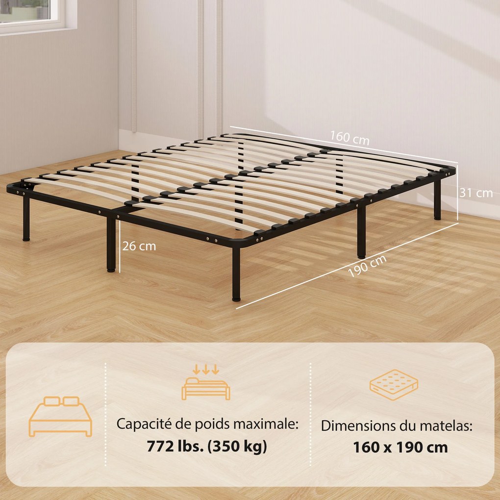Cama de 160 x 190 cm, cama de casal em madeira maciça com base de ripas e pés, espaço de arrumação por baixo, preta