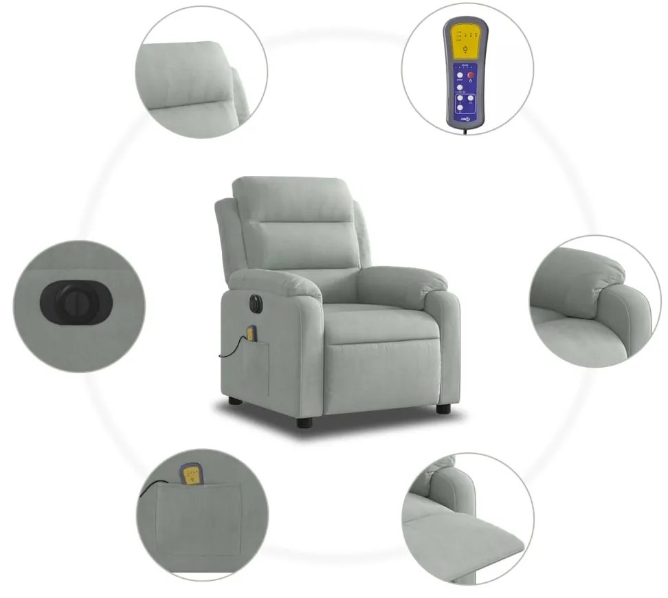 Poltrona de massagens reclinável elétrica veludo cinzento-claro