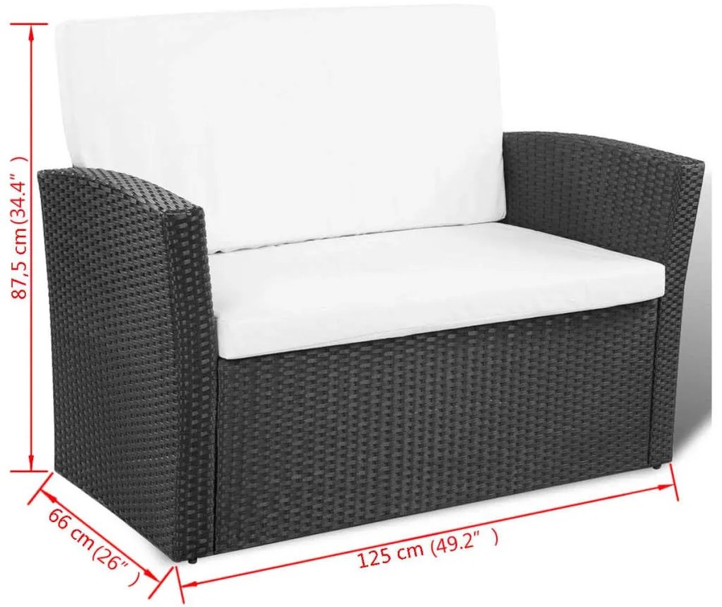 4 pcs conjunto lounge de jardim c/ almofadões vime PE preto