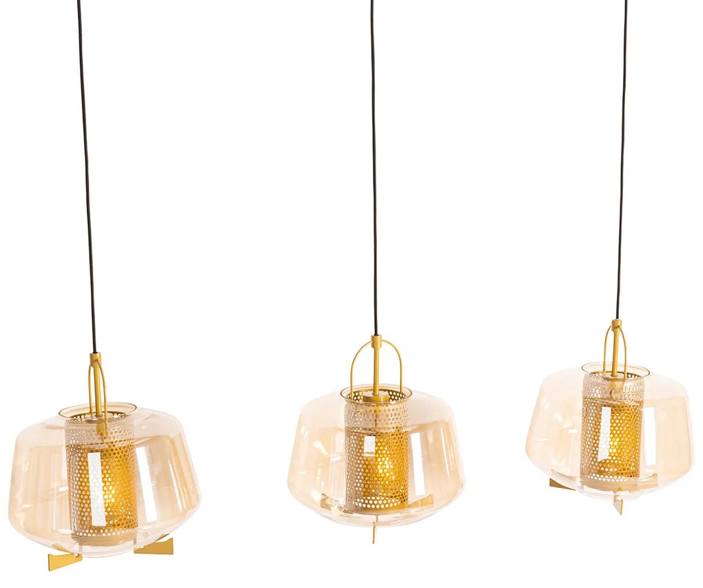 Candeeiro de suspensão dourado com vidro âmbar 30 cm oblongo 3 luzes - Kevin Art Deco
